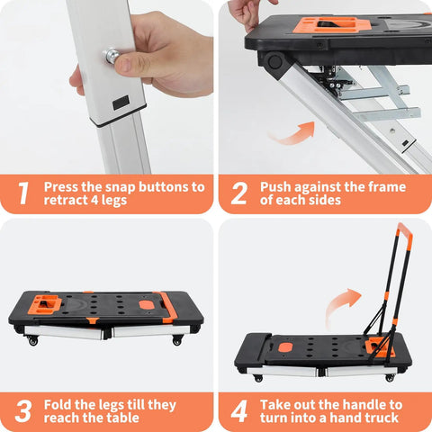Assembly steps for the 7-in-1 Folding Workbench With Wheels Portable Workshop Station Converts To Sawhorse Low Work Table.