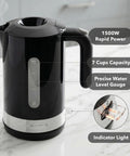 Rapid Fire 1500W Electric Kettle With 1.8 Liter Capacity BPA Free build, black finish, and indicator light for precise boiling.