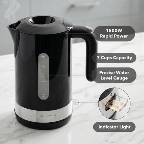 Rapid Fire 1500W Electric Kettle With 1.8 Liter Capacity BPA Free build, black finish, and indicator light for precise boiling.