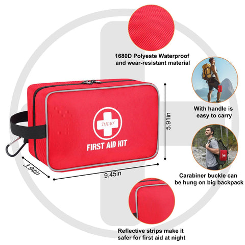 First aid kit: red waterproof polyester compact case with carrying handle.