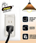 Clap Control Dual Outlet Wall Plug With Noise Sensor in use powering lamp, showing features like controlling two appliances and sensitivity adjustment.