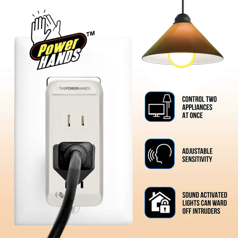 Clap Control Dual Outlet Wall Plug With Noise Sensor in use powering lamp, showing features like controlling two appliances and sensitivity adjustment.
