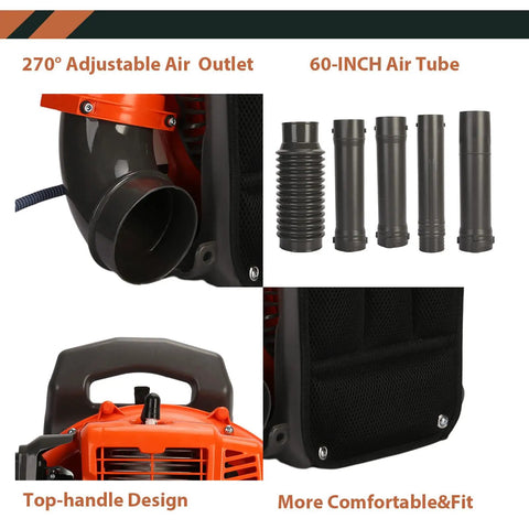 Backpack Gas Powered Leaf Blower with 52cc Two-Stroke Engine showing adjustable air outlet and 60-inch air tube.