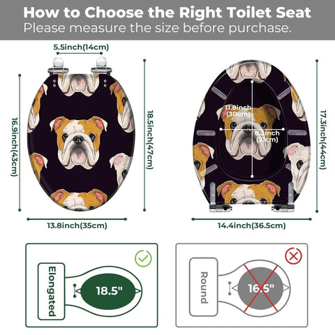 Toilet Seat Elongated Resin for Bathroom dimensions showing fitting guide for elongated and round toilet seats.