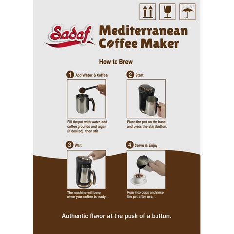 Infographic showing steps to brew coffee with One-Touch Turkish Greek Armenian Coffee Maker For Home Use Stainless Steel Red 250ml.