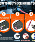 Instructions for using Ratcheting Crimping Tool For Heat Shrink Connectors AWG 26 To 10, showing insertion and heat application steps.