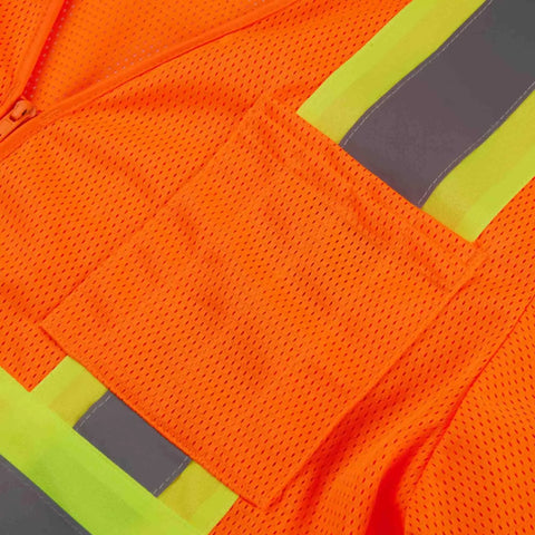 Close-up of Heavy Duty Neon Orange Mesh Safety Vest With Seven Pockets And 3M Reflective Tape showing breathable mesh material.