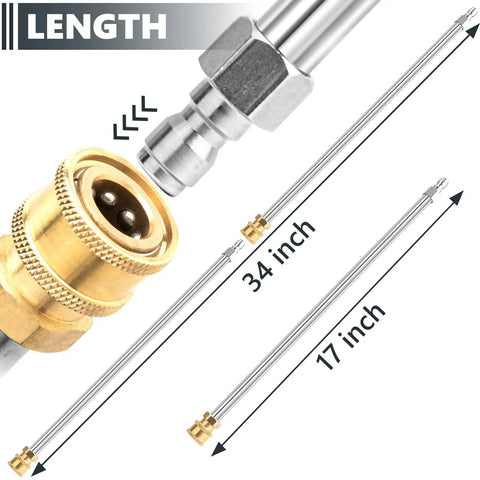 Two Pack 17 Inch Stainless Steel Pressure Washer Extension Wands With Quarter Inch Quick Connect shown with 34 inch option