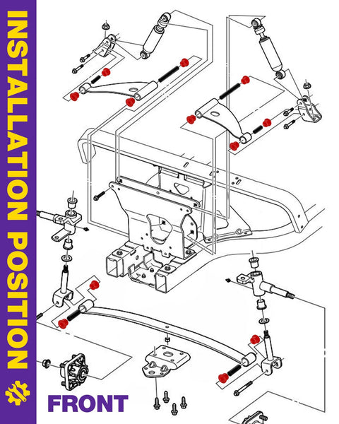 Front exploded view of Club Car Precedent golf cart suspension kit with polyurethane bushings.