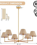 39 Inch Boho Rattan Chandelier With Six Warm Bulbs Hits Different On Your Kitchen Island Dining Table Or Living Room Ceiling Using Real Natural Weave And Seamless Brass Rods Built Big Time Safe Through UL Certification, showing dimensions and details.