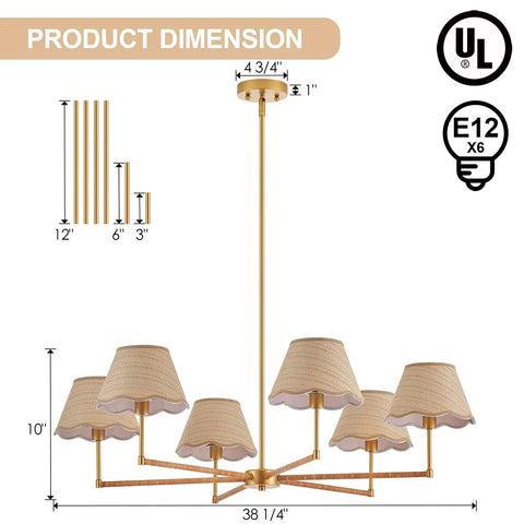 39 Inch Boho Rattan Chandelier With Six Warm Bulbs Hits Different On Your Kitchen Island Dining Table Or Living Room Ceiling Using Real Natural Weave And Seamless Brass Rods Built Big Time Safe Through UL Certification, showing dimensions and details.