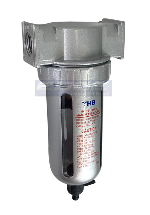 One Half Inch NPT Particulate Filter Water Separator For Compressed Air Lines, 5 Micron Filtration with Polycarbonate Bowl