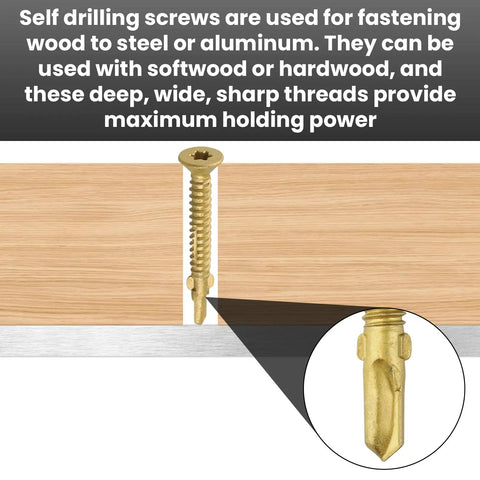Number 10 X 1 5/8 Inch Reamer Tek Screws Self Drilling Wood To Steel Fasteners With Torx Star Drive Head showing installation into wood.