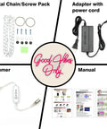 Good Vibes Only LED Neon Sign Light accessories including chain, adapter, dimmer, and manual for wall art decor.
