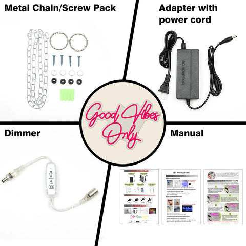 Good Vibes Only LED Neon Sign Light accessories including chain, adapter, dimmer, and manual for wall art decor.