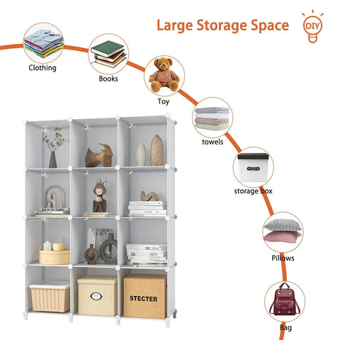 12 Cube Closet Organizer And Storage System White, holds clothes, books, toys on stackable cube shelves in bedroom or office