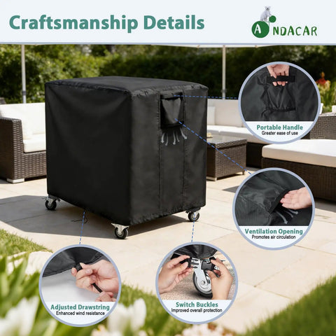 Heavy Duty Waterproof Outdoor Grill Table Cover For Feasto Gas Grill Table And Bar Cart Protects Against Dust Sun Rain And Water While Fitting 36 Inch Long By 24 Inch Wide By 36 Inch High Black on patio with adjustable features.