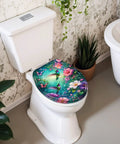 Round Vibrant Hummingbirds Butterflies Chinoiserie Colorful Toilet Seat on white toilet with floral design.