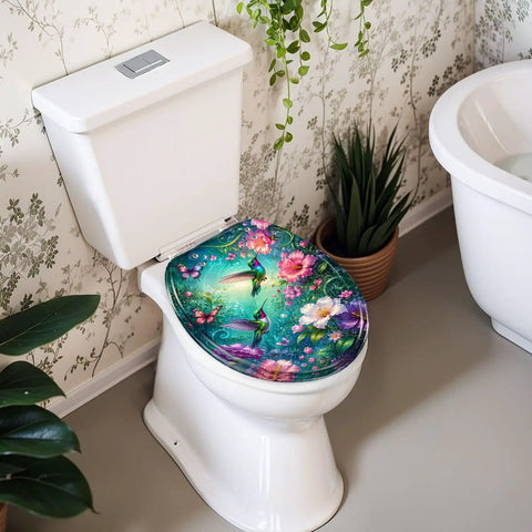 Round Vibrant Hummingbirds Butterflies Chinoiserie Colorful Toilet Seat on white toilet with floral design.