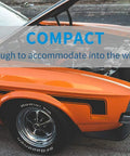 Orange classic car with open hood next to text about compact wire connectors for Easy Install Quick Solderless LED Wire Connector Kit.
