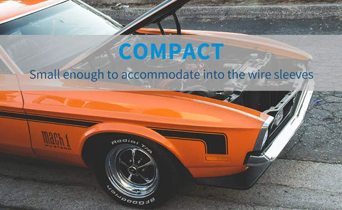 Orange classic car with open hood next to text about compact wire connectors for Easy Install Quick Solderless LED Wire Connector Kit.