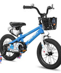 Blue 14 Inch BMX Style Kids Bike Pluto With Training Wheels For Boys And Girls, featuring basket and bottle holder