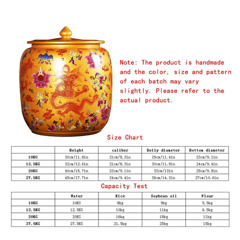 Handcrafted Ceramic Rice Jar With Lid For Kitchen Flour Storage, Glazed Grain Dispenser And Coffee Bean Canister, Solid Stoneware Pantry Vessel in vibrant orange with dragon design.