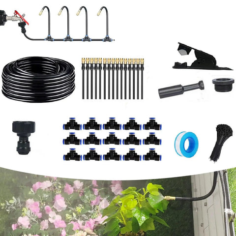 Heavy Duty 360 Degree Curved Garden Irrigation System With 49 Point 2 Ft Bendable Hose And 15 Adjustable Atomizing Copper Nozzles
