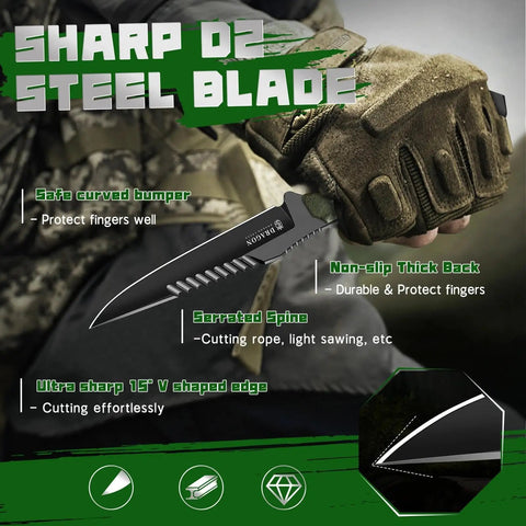 Beast Fixed Blade Outdoor Knife With D2 Steel Blade And Toothed Spine shown in rugged outdoor setting with 15° V edge