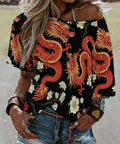 Lightweight Loose Fit Short Sleeve Boat Neck Tee For Women With Soft Breathable Polyester Spandex Blend, Dragon Print Blouse Style