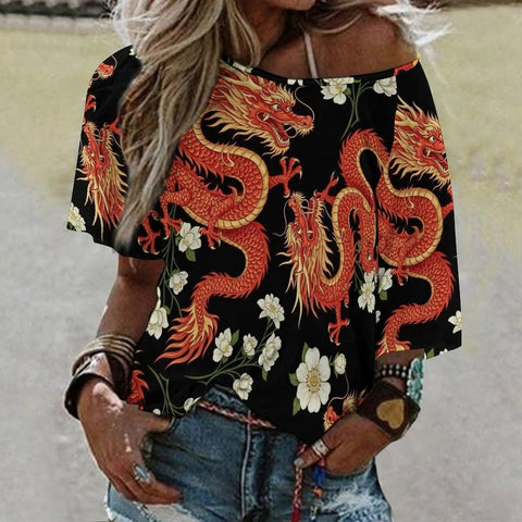 Lightweight Loose Fit Short Sleeve Boat Neck Tee For Women With Soft Breathable Polyester Spandex Blend, Dragon Print Blouse Style