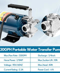 Close-up of Portable Electric Water Transfer Pump 115V 1/10HP Delivers 330GPH with suction and discharge fittings.