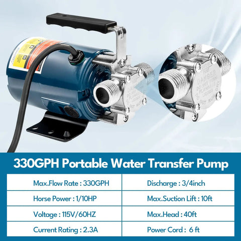 Close-up of Portable Electric Water Transfer Pump 115V 1/10HP Delivers 330GPH with suction and discharge fittings.