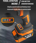 Beast Of A Cordless Impact Wrench With 450NM Torque And Brushless Motor One Half Inch Drive showing battery and speed controls