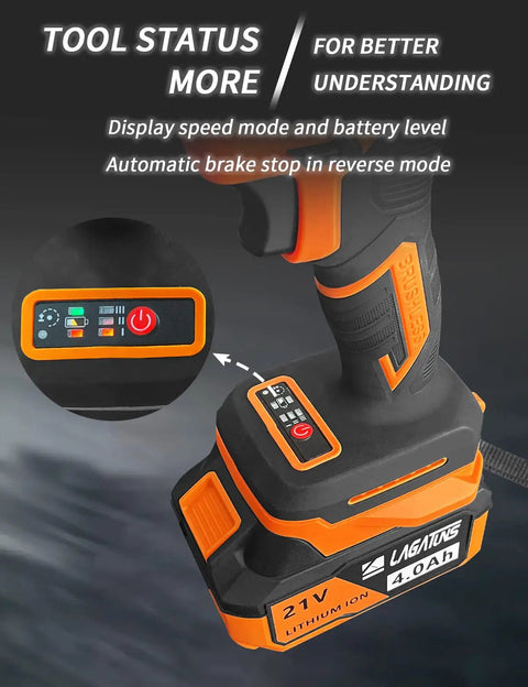 Beast Of A Cordless Impact Wrench With 450NM Torque And Brushless Motor One Half Inch Drive showing battery and speed controls