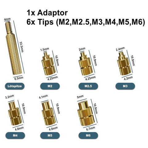 Rock Solid Brass Thermal Insert Nuts Featuring Precise Internal Threads For Printed Boards And Electronics Fix Ups Set Of Eight accessories with adapter and tips.