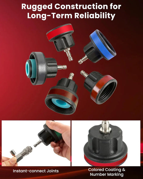 Heavy Duty 18 Piece Radiator Pressure Pump And Cooling System Leak Test Kit With Universal Water Tank Adapter showing colorful cap adapters.