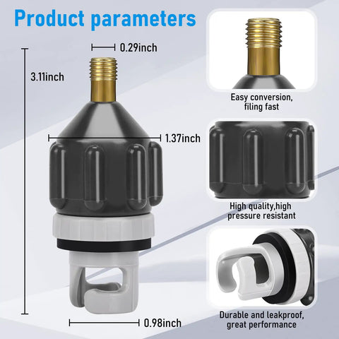 Close-up of 2 Pack SUP Pump Adapter Set for Stand Up Paddle Boards and Kayaks showing measurements and design features