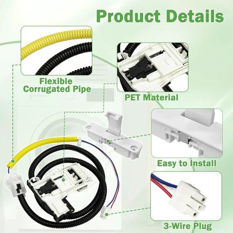 Heavy Duty Washing Machine Lid Lock Assembly Replacement For Whirlpool Maytag Kenmore Amana Top Loader with flexible pipe and 3-wire plug.