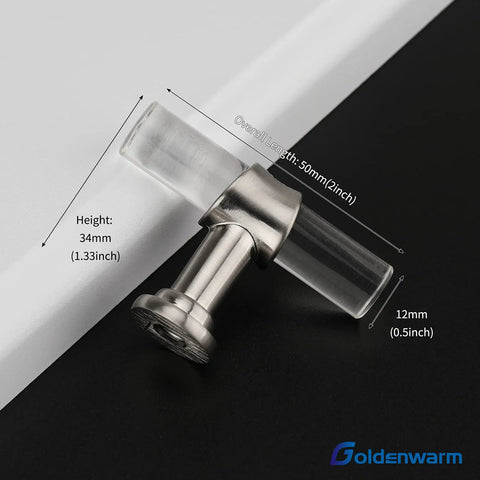 Sleek Clear Acrylic Cabinet Knobs With Brushed Nickel Bases Offer A Two Inch Single Hole Pull For Kitchen Cupboards, Dressers, Closets, And Bathroom Vanities, showcasing dimensions on a black surface.