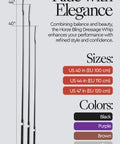 Lightweight Dressage Whip With Bling Crystals And Leather Wrapped Grip Handle, Subtle Sparkle, Mushroom Cap, Black Finish, 40 Inch Equestrian Whip For Precise Cues And Style size chart.
