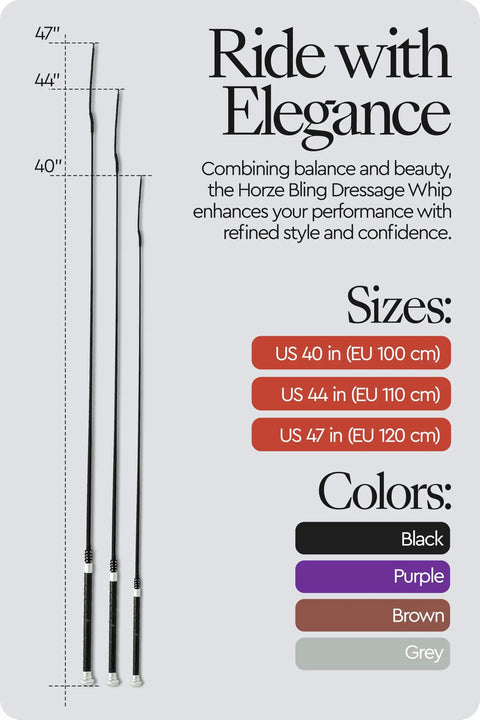Lightweight Dressage Whip With Bling Crystals And Leather Wrapped Grip Handle, Subtle Sparkle, Mushroom Cap, Black Finish, 40 Inch Equestrian Whip For Precise Cues And Style size chart.