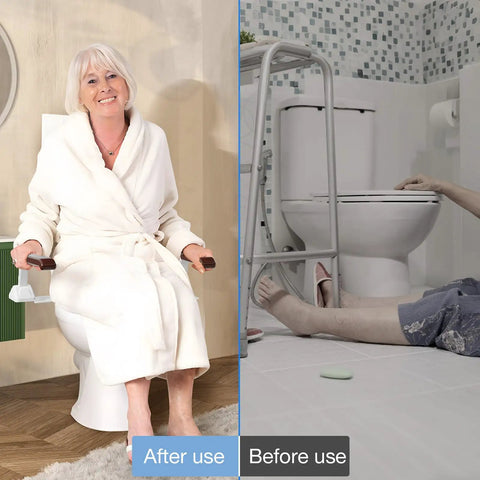 Image showing Rock Solid Toilet Safety Rails For Seniors With Flip Up Armrest Handles aiding safe bathroom transitions.