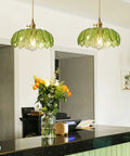 Dope Farmhouse Glass Lotus Pendant Light With Adjustable Cable For Loft Living, E26 Brass Holder, Green Glass Shade