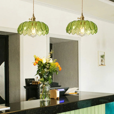 Dope Farmhouse Glass Lotus Pendant Light With Adjustable Cable For Loft Living, E26 Brass Holder, Green Glass Shade