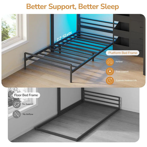 Platform and floor bed frame comparison showing airflow, even support, and mattress life extension features.