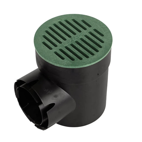 Green 6 Inch Round Drain Cover Grate For Small Lawns And Patios Debris Blocking To Stop Leaves And Debris Connects To Catch Basin Drains Fits Drain Pipes And Fittings Keeps Water Flowing And Yard Areas Clear Green with black pipe attachment view