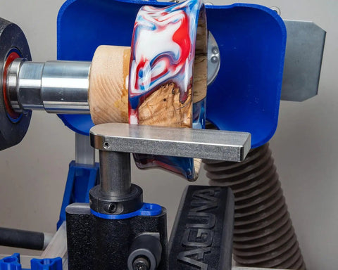 Pro Grade Woodturning Tool Rest Platform With Post And Collar For Scrapers And Turning Tools, Hollowing Ready, Beefy Stainless Steel Platform, 5 7 Or 9 Inch Lengths, 1 Inch Post, 7 Inch Wide Rest, USA Made on lathe with turned wood bowl