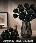 Gothic Dope Matte Black Rose DIY Building Kit With 634 Pieces For A Realistic 12 Rose Bouquet Showing Full Half Bloom And Bud Stages, Ideal Home Office Decor Gift For Adults And Kids Ages 6 Plus on table in vase