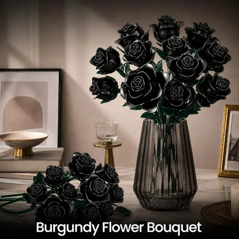 Gothic Dope Matte Black Rose DIY Building Kit With 634 Pieces For A Realistic 12 Rose Bouquet Showing Full Half Bloom And Bud Stages, Ideal Home Office Decor Gift For Adults And Kids Ages 6 Plus on table in vase